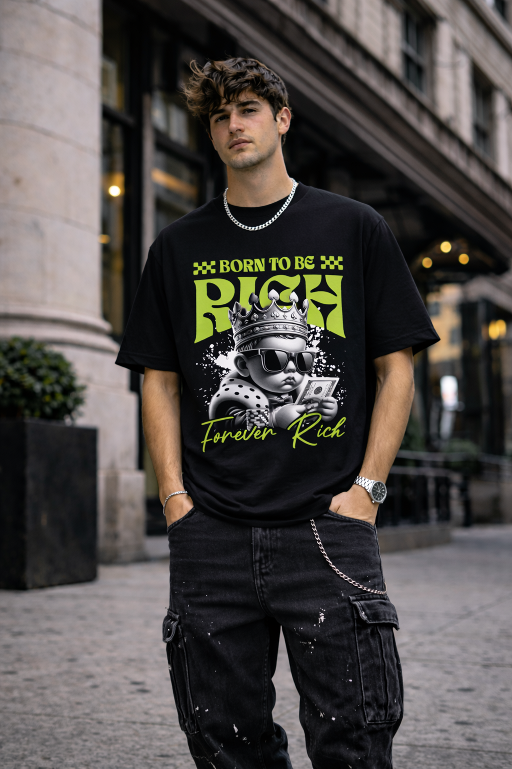 Мъжка овърсайз тениска Born to Be Rich – streetwear  | Brave88